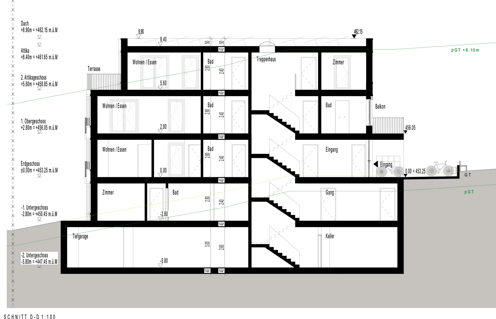 Schnitt D-D: Tiefgarage, Gartengeschoss, Erdgeschoss, 1. Obergeschoss und Attika entlang des Hangs